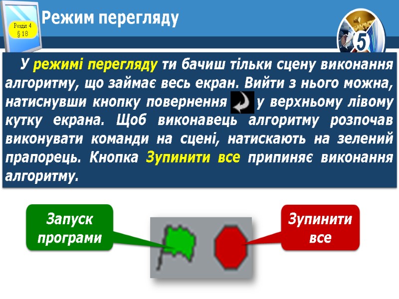 Режим перегляду Розділ 4 § 18 Запуск програми Зупинити все